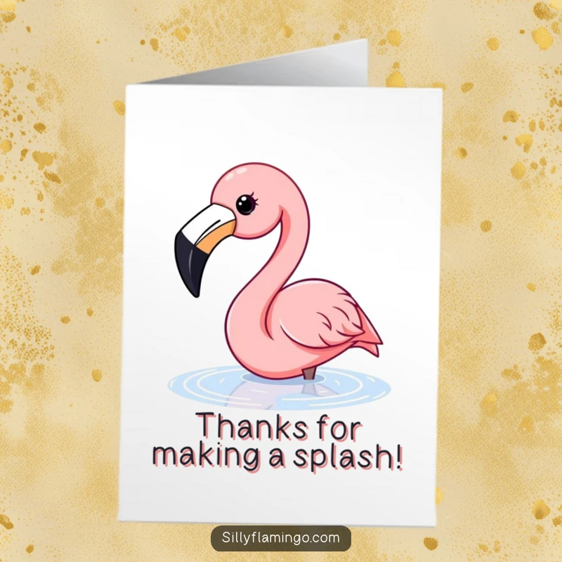 Funny Free Printable Thank You Card: A flamingo with a wide, happy beak is contentedly dipping its head into water, a serene thank you.