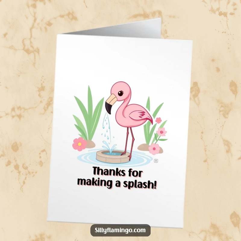 Funny free printable thank you card with a flamingo playfully spraying water from its beak, creating a charming mini-fountain.