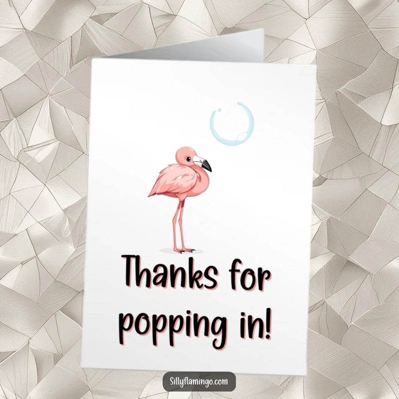 Funny Free Printable Thank You Card: A curious flamingo tilting its head, observing a shimmering bubble with intrigue.