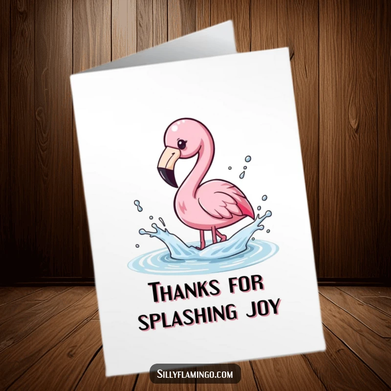 Funny Free Printable Thank You Card: Kawaii flamingo playfully splashing water with its beak, sending droplets flying, cute.