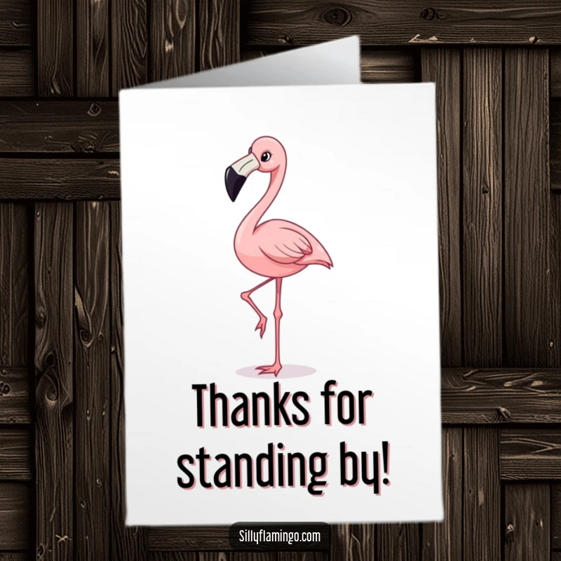 Funny Free Printable Thank You Card: A happy flamingo with a wide smile elegantly balances on one leg, showing gratitude.