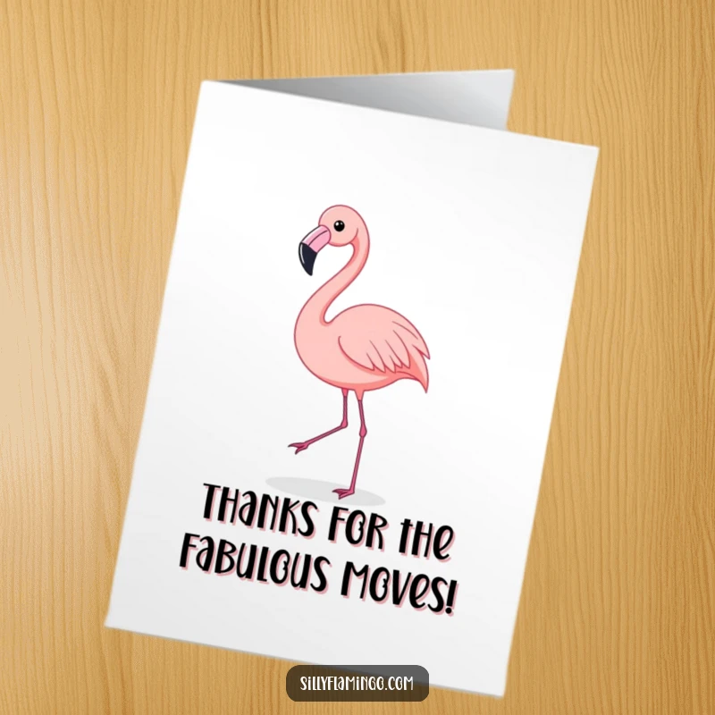 Funny Free Printable Thank You Card featuring a flamingo enthusiastically performing a shimmy dance, perfect for expressing gratitude