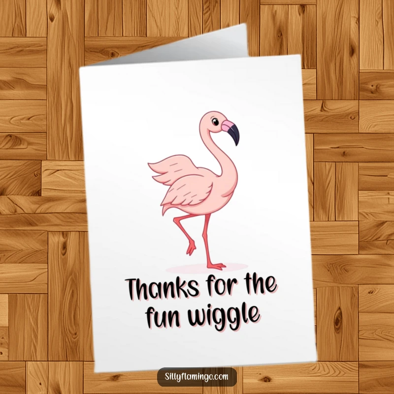 Free Printable Thank You Card: A joyful flamingo wiggles enthusiastically, feathers spread wide in a quirky display of thanks.