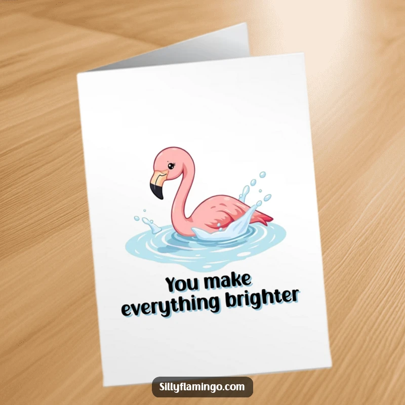 Funny Free Printable Thank You Card: A happy flamingo splashing in a pool, conveying thanks with pure joy.