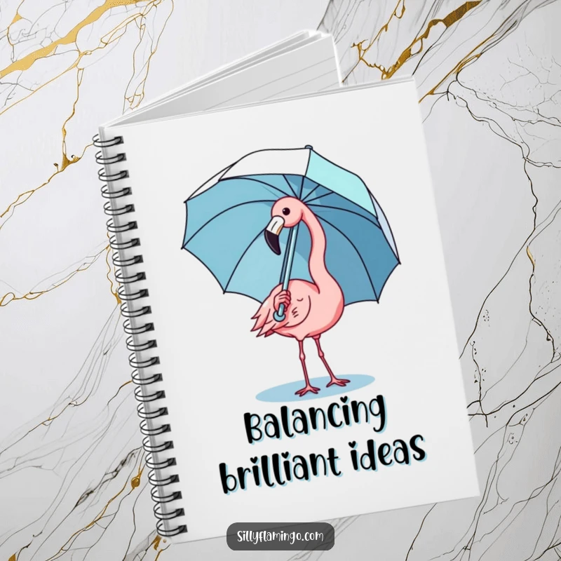 Funny kawaii flamingo notebook with a cute bird comically balancing an umbrella, great for journaling fun.