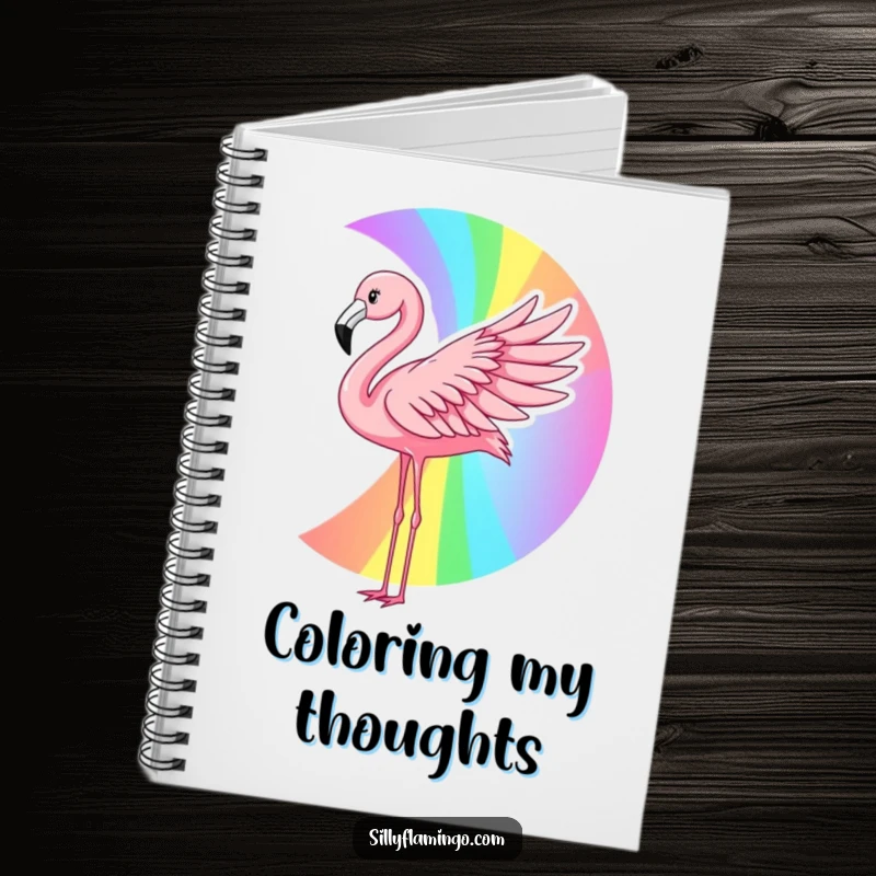 Funny flamingo rainbow notebook featuring a pink bird creating a rainbow with its wing, ideal for writing and sketching with colorful, artistic inspiration.