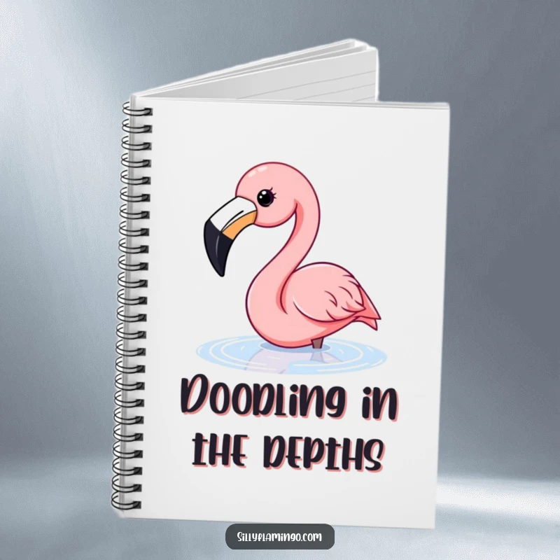 Funny flamingo notebook showing a happy flamingo with a wide beak dipping its head into water, ready for notes.
