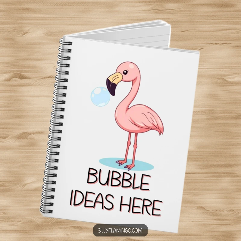 Funny flamingo notebook features a cheerful bird blowing a bubble, ready to capture your thoughts and doodles.