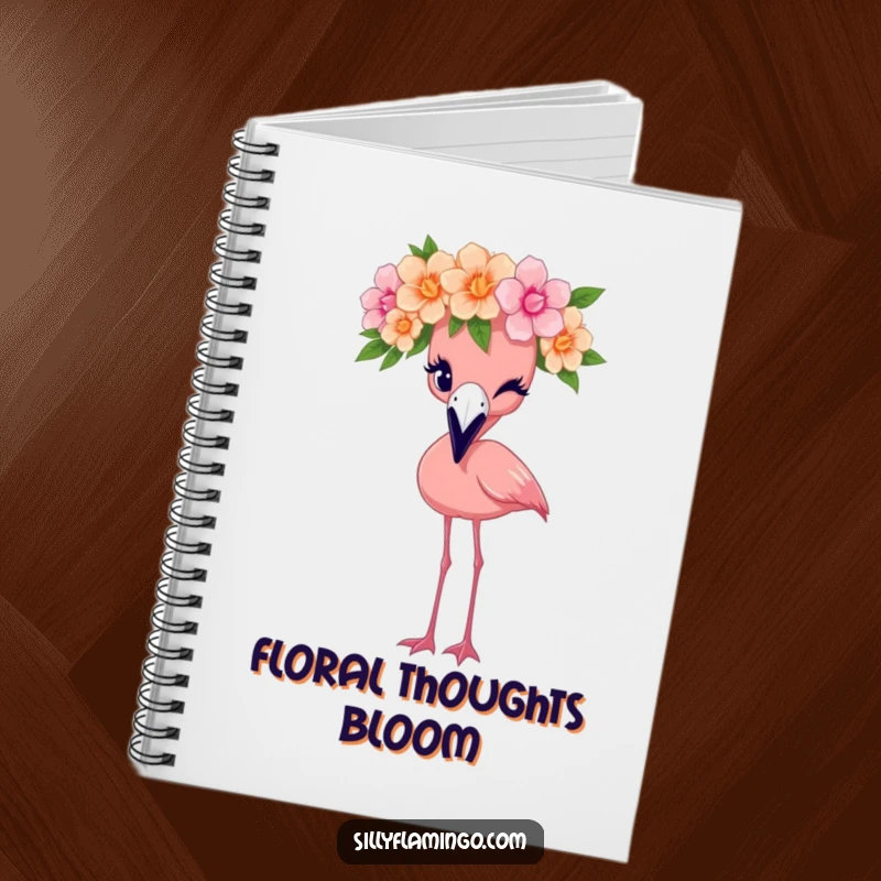 Funny flamingo notebook with a bird wearing a flower crown and winking, perfect for notes and creative ideas.