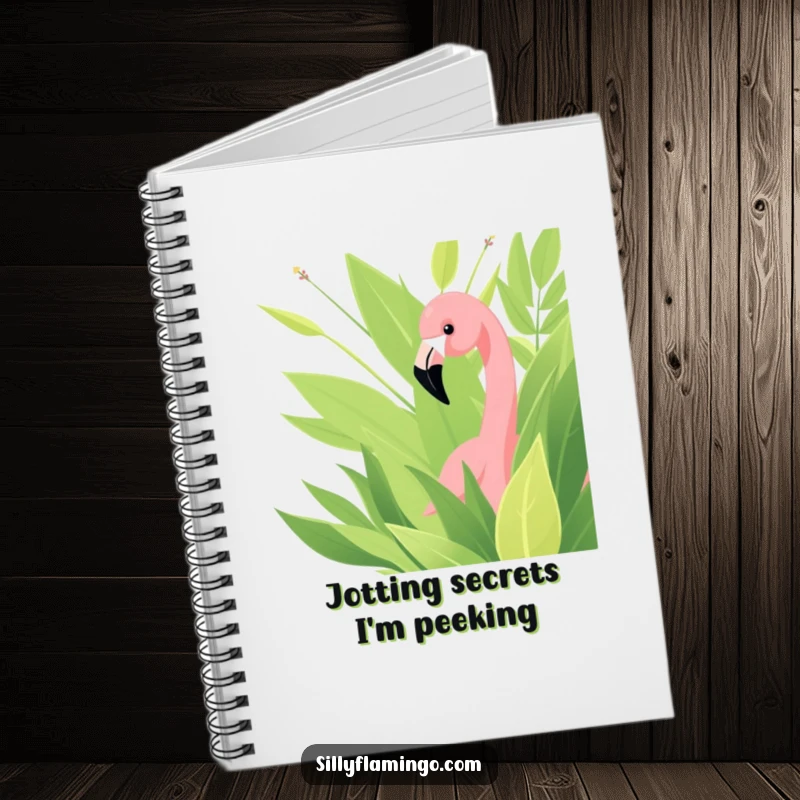 Funny notebook with a flamingo curiously peeking from green leaves, inspiring notes and doodles with humor.