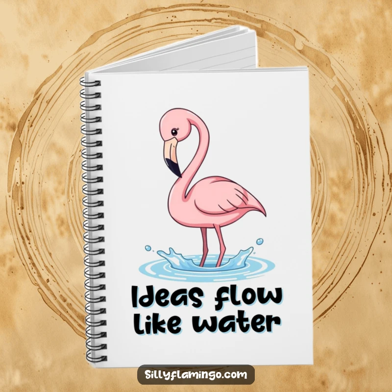 Funny pink flamingo notebook, playfully splashing water, inspiring creative thoughts, a fun and funny gift.