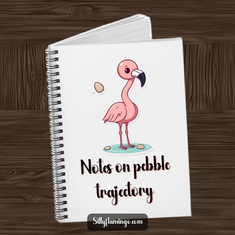 Funny flamingo notebook, tossing a shiny pebble with its beak, perfect for jotting down notes and creative ideas, a humorous and practical gift.
