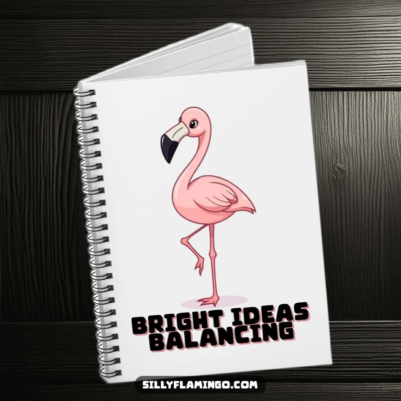 Funny notebook cover with a happy flamingo character with a wide grin, balancing on one leg, symbolizing organized fun.
