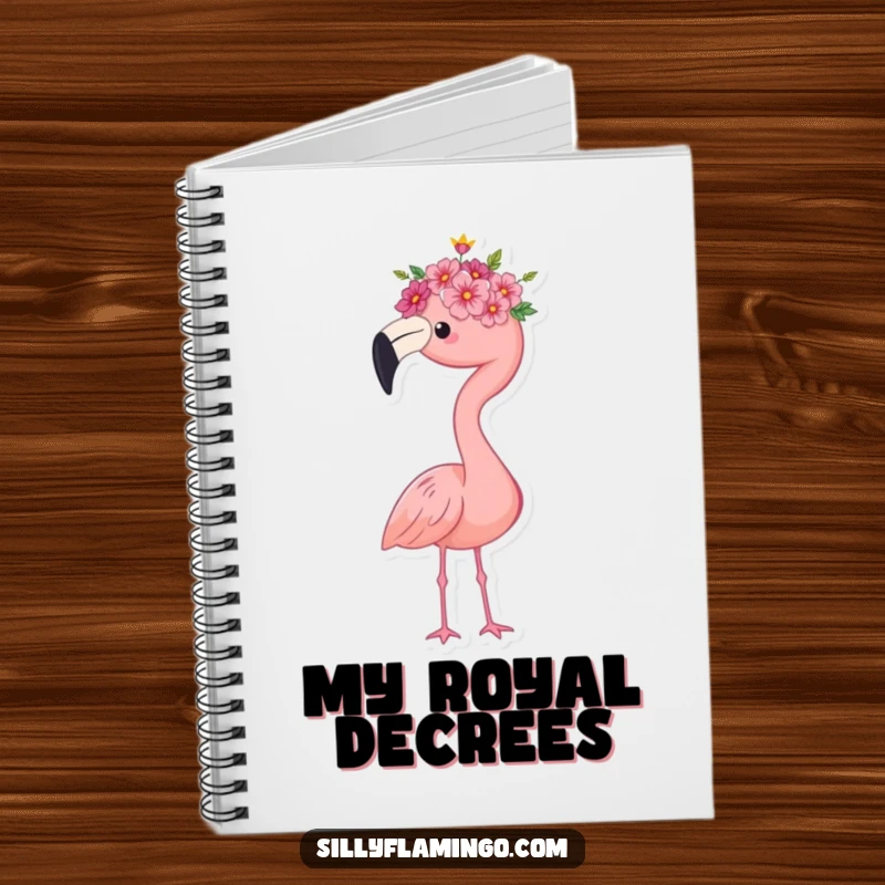Funny flamingo notebook, wearing a tiny flower crown, standing proudly, perfect for jotting down notes and creative ideas, a humorous and practical gift.
