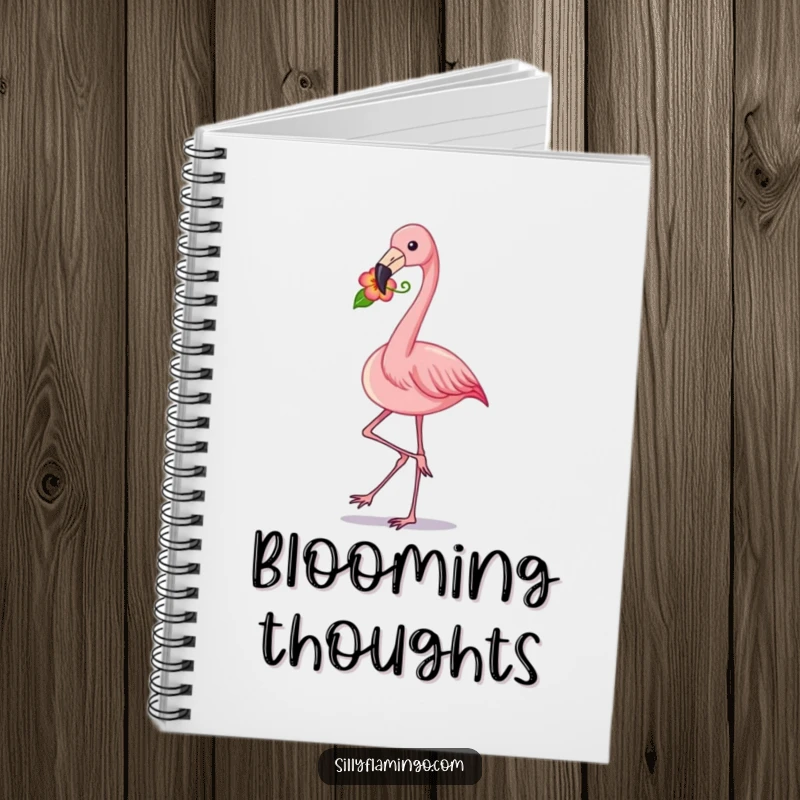 Funny flamingo strut notebook featuring a pink bird with a flower in its beak, ideal for writing and sketching with a humorous, stylish touch.