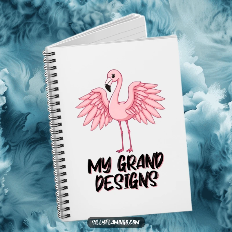 Funny flamingo notebook featuring an elegant bird with spread wings, designed for capturing thoughts and creative ideas.