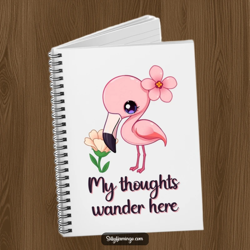Funny Notebook with a kawaii flamingo with bright eyes, curiously tilting its head at a flower.