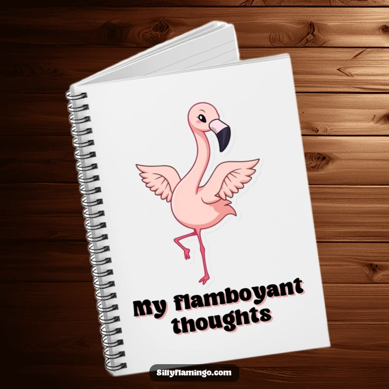 Funny notebook cover showing a kawaii flamingo winking and flapping its wings energetically, ideal for students and journalers.
