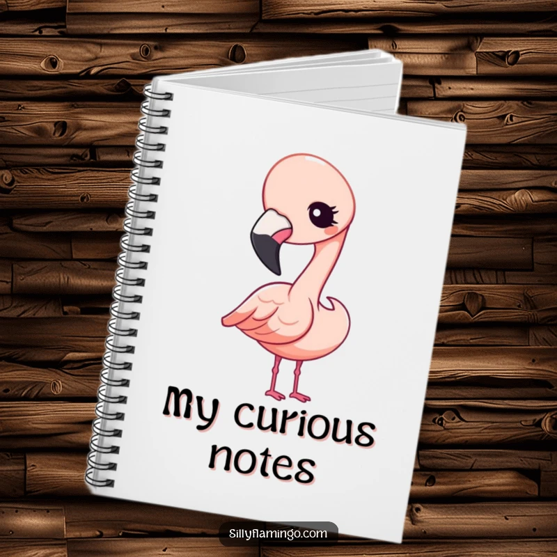 Funny Notebook featuring a cute Kawaii flamingo tilting its head and winking curiously, perfect for jotting down bright ideas.