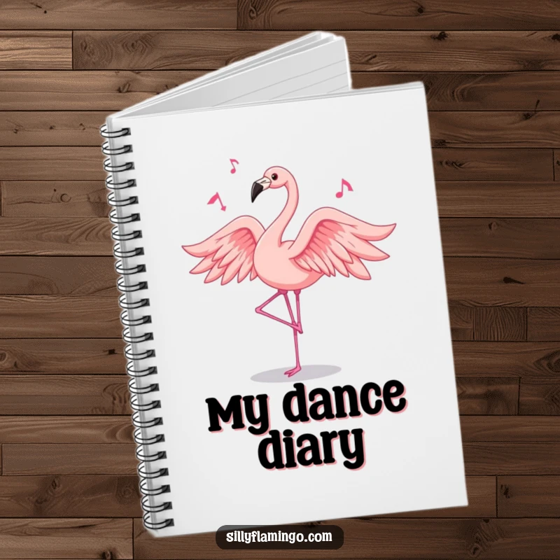 Funny flamingo notebook featuring a pink bird dancing with flowing feathers, perfect for notes and creative writing.
