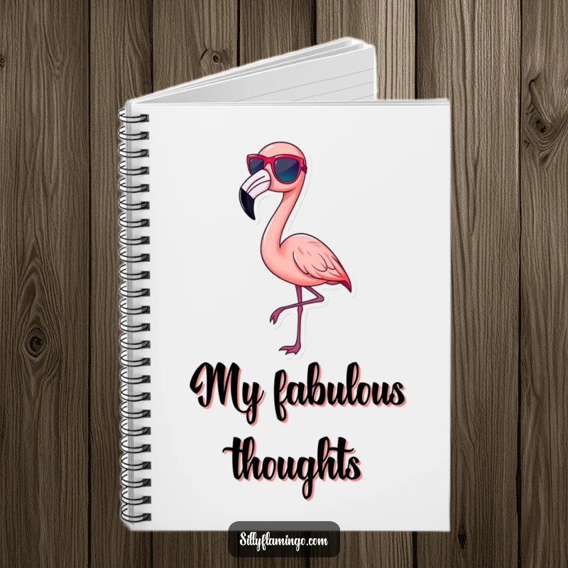 Funny pink flamingo notebook, wearing tiny sunglasses and striking a chic pose, inspiring creativity, a fun and funny gift.