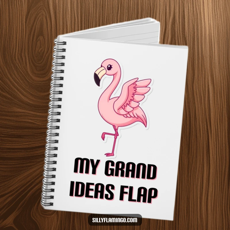Funny Kawaii Flamingo Notebook with a pleased bird executing a subtle flap, designed for humorous note-taking and journaling.