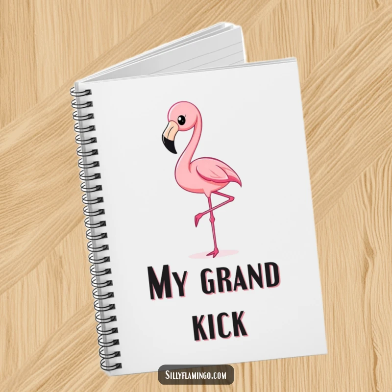 Funny Flamingo Kick Notebook featuring a flamingo mid-kick, perfect for jotting down notes, ideas, or daily plans with humor.