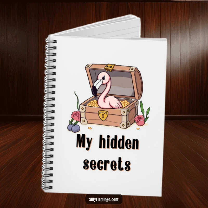 Funny Flamingo Treasure Notebook featuring a curious flamingo peeking into a treasure chest, perfect for jotting down notes and ideas.