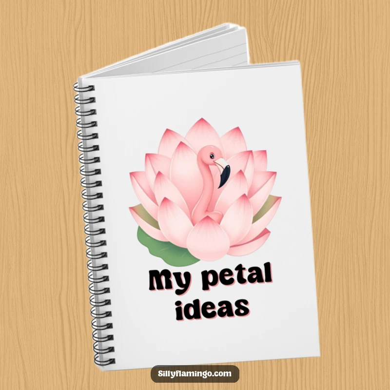 Funny notebook featuring a playful flamingo peeking from behind a giant blooming lotus flower, ideal for notes and journaling.