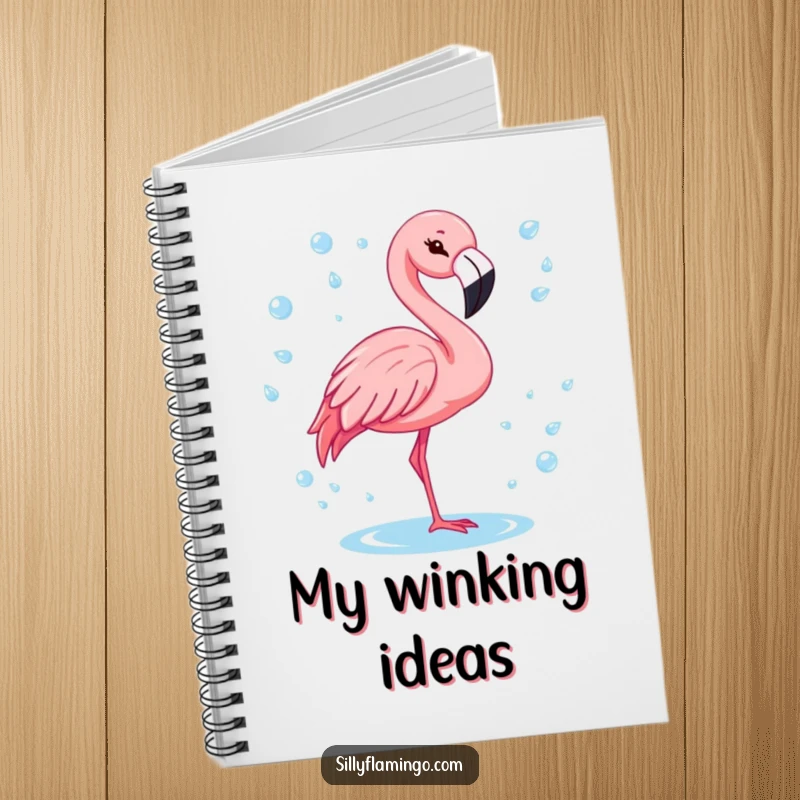 Funny flamingo with a cheerful wink, surrounded by sparkling water drops on the cover of a stylish notebook.