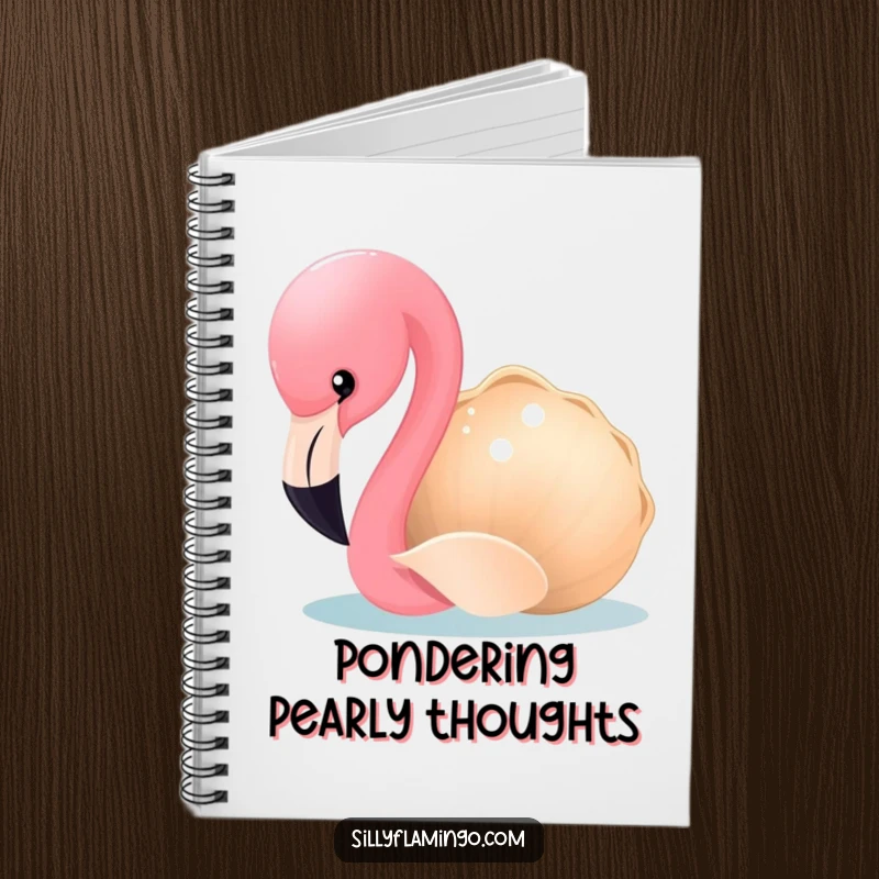 Funny Flamingo Notebook: A curious flamingo pecks at a shimmering seashell, ideal for journaling or note-taking. A whimsical and humorous writing tool.