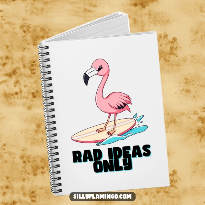 Funny flamingo surfer notebook with a winking pink bird on a surfboard, perfect for writing notes with a touch of humor and adventure.