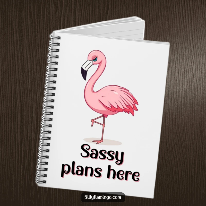 Funny flamingo notebook with a sassy bird strutting, perfect for notes and powerful ideas.