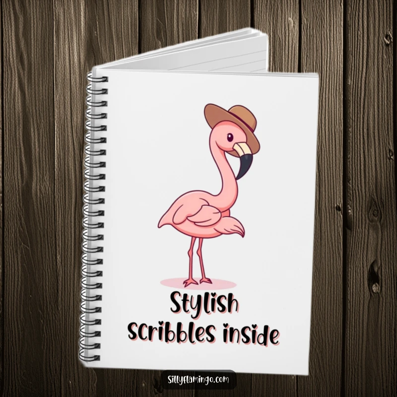 Funny flamingo notebook featuring a bird in a tiny hat, ideal for journaling and creative thoughts.
