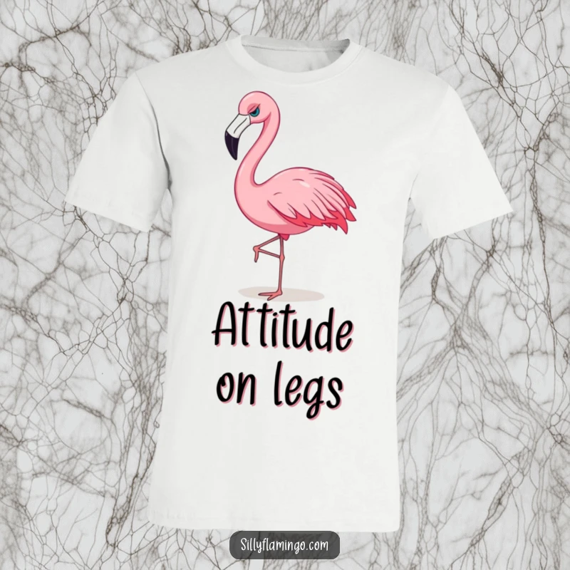 Funny flamingo t-shirt showcasing a sassy bird strutting with a confident and slightly mischievous expression, full of personality.