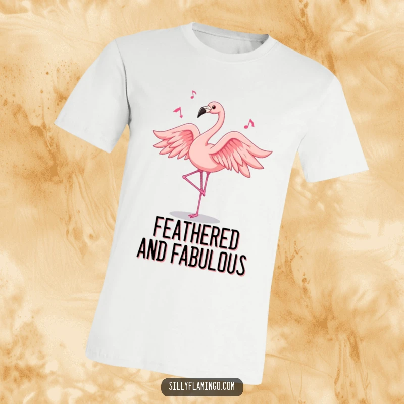 Funny flamingo t-shirt showing a pink bird with flowing feathers dancing energetically to imaginary music, vibrant and humorous.