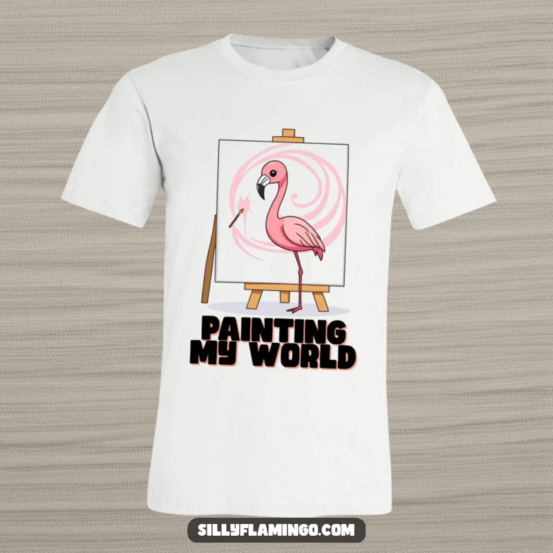 Funny t-shirt featuring a flamingo artistically painting a pink swirl on a canvas, showcasing artistic talent and flair.