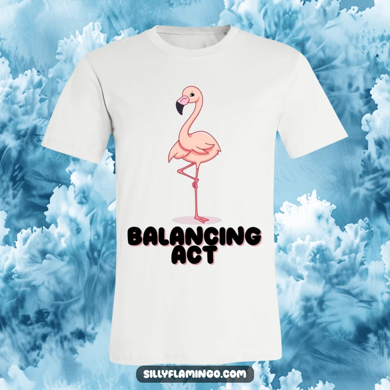 Funny T-Shirt depicting a flamingo elegantly balancing on one leg, exuding a cheerful and confident demeanor.
