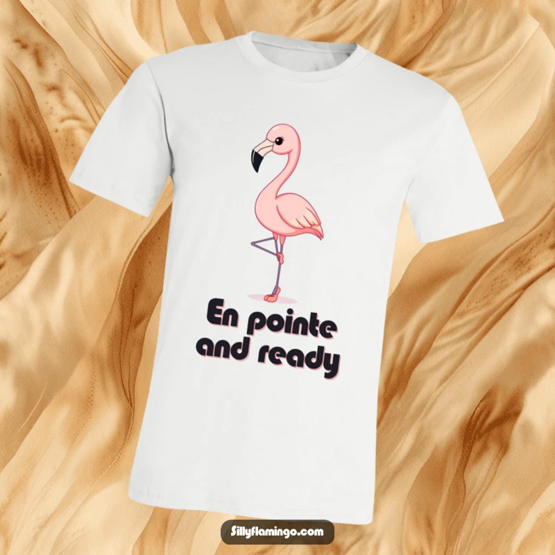 Funny Flamingo T-Shirt: Flamingo in tiny ballet slippers strikes a perfect, elegant pose, radiating balletic humor.