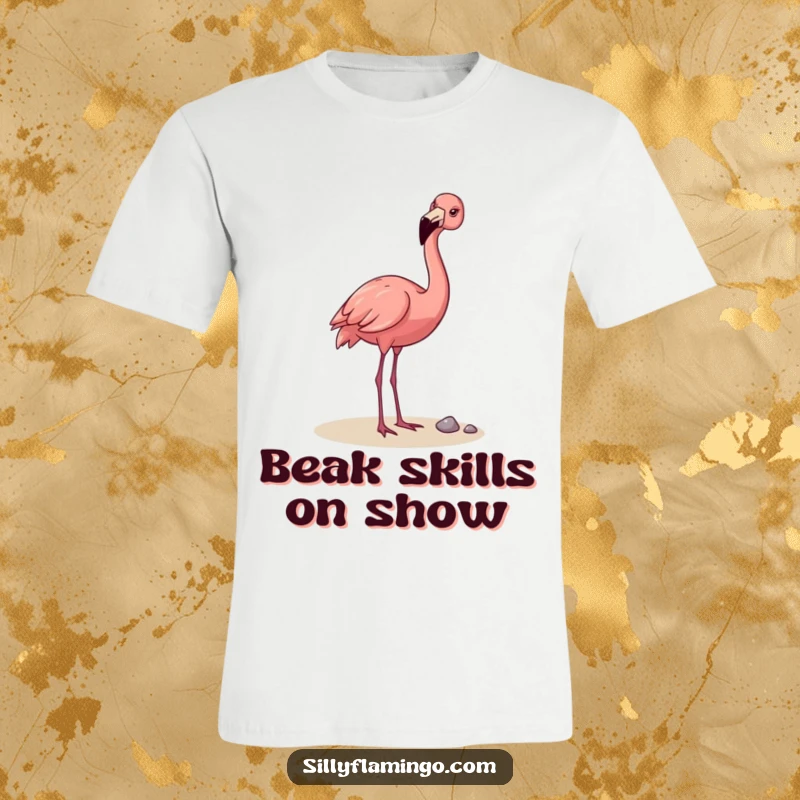Funny Flamingo T-Shirt: A happy flamingo playfully tossing a pebble with its beak, showcasing a moment of pure, hilarious joy and carefree fun.