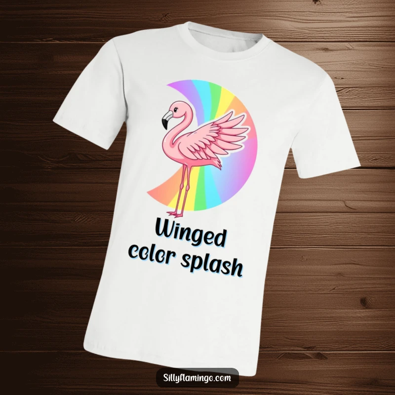 Funny flamingo t-shirt featuring a pink bird creating a colorful rainbow with its wing, symbolizing creativity, hope, and cheerful expression.