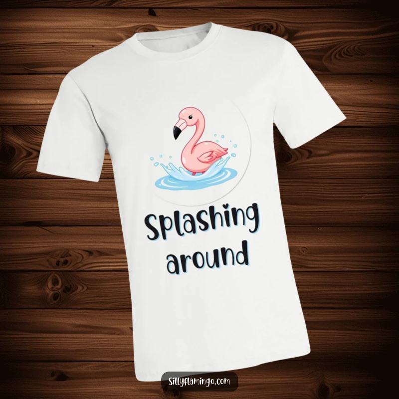 Funny Flamingo Splash T-Shirt featuring a flamingo joyfully playing in sparkling water, perfect for summer fun.