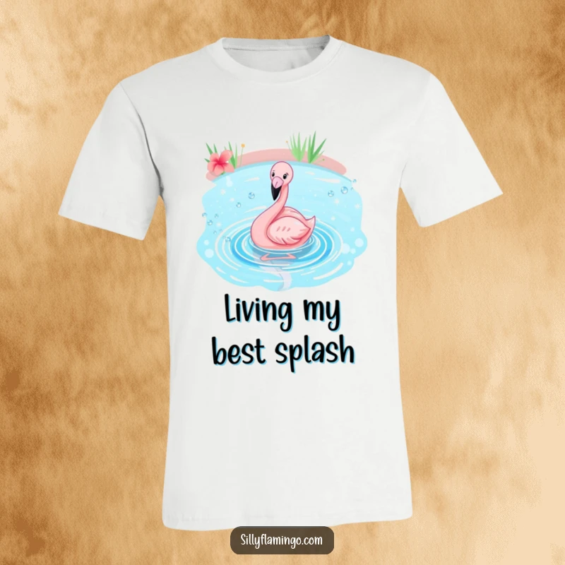 Funny flamingo t-shirt featuring a pink flamingo happily splashing and playing in a sparkling blue pond with great enthusiasm.