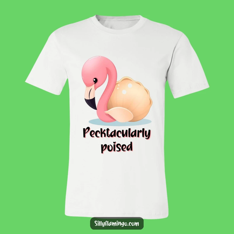 Funny Flamingo T-Shirt: Curious Bird Inspecting Seashell, Hilarious Beach Tee Gift