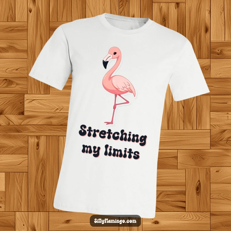 Funny t-shirt of a cute flamingo gracefully extending its leg, highlighting its elegant posture and unique charm, a great quirky gift.