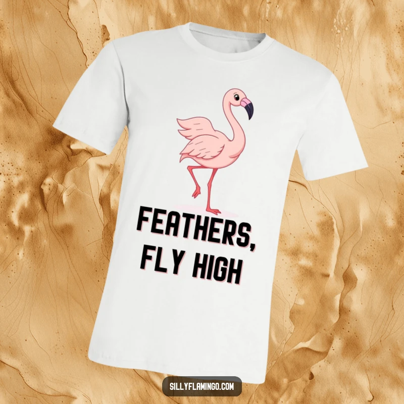 Funny t-shirt showing a joyful flamingo performing a silly wiggle dance with feathers fanned out, full of energy and fun.