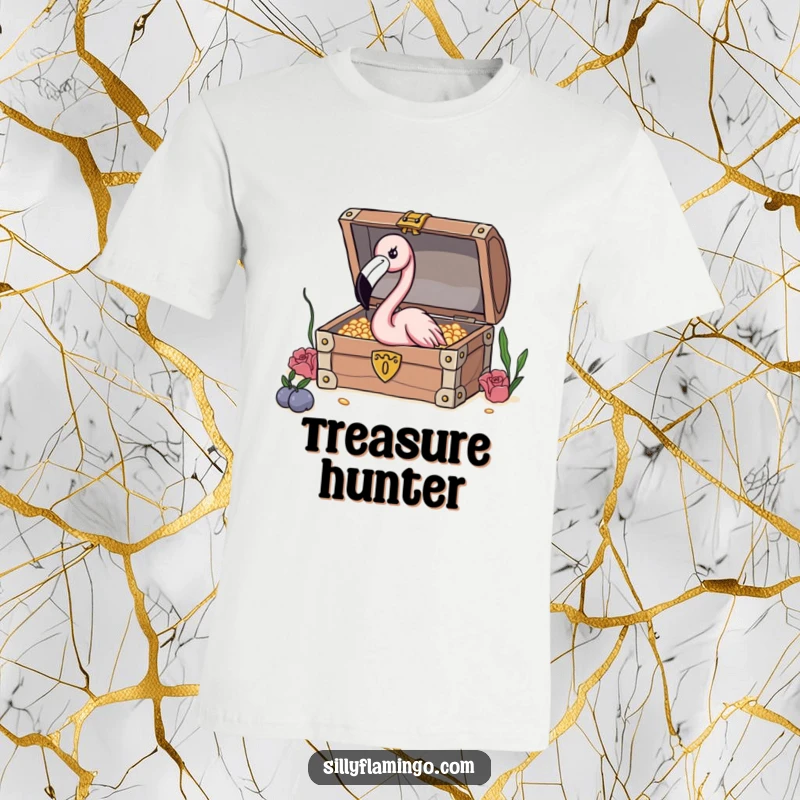 Funny Flamingo Treasure T-Shirt showing a curious flamingo with an extended neck investigating a treasure chest, ready for discovery.