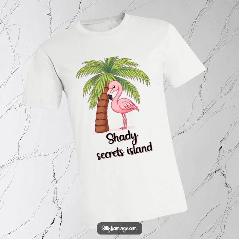 Funny t-shirt with a pink flamingo curiously peeking from behind a vibrant palm tree, suggesting a secret tropical adventure.