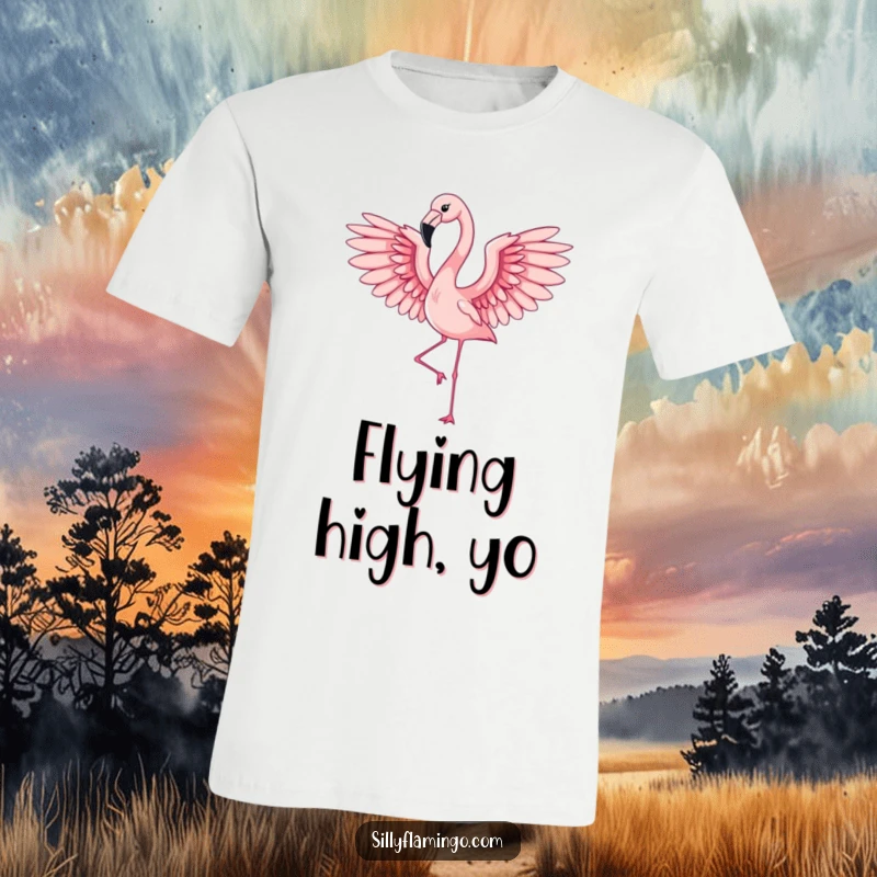 Funny flamingo capturing the moment of elegant flight with wings outstretched, mid-flap, on a stylish t-shirt