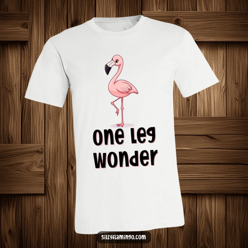 Funny t-shirt featuring a joyful flamingo with a broad smile, expertly balancing on a single leg with poise.